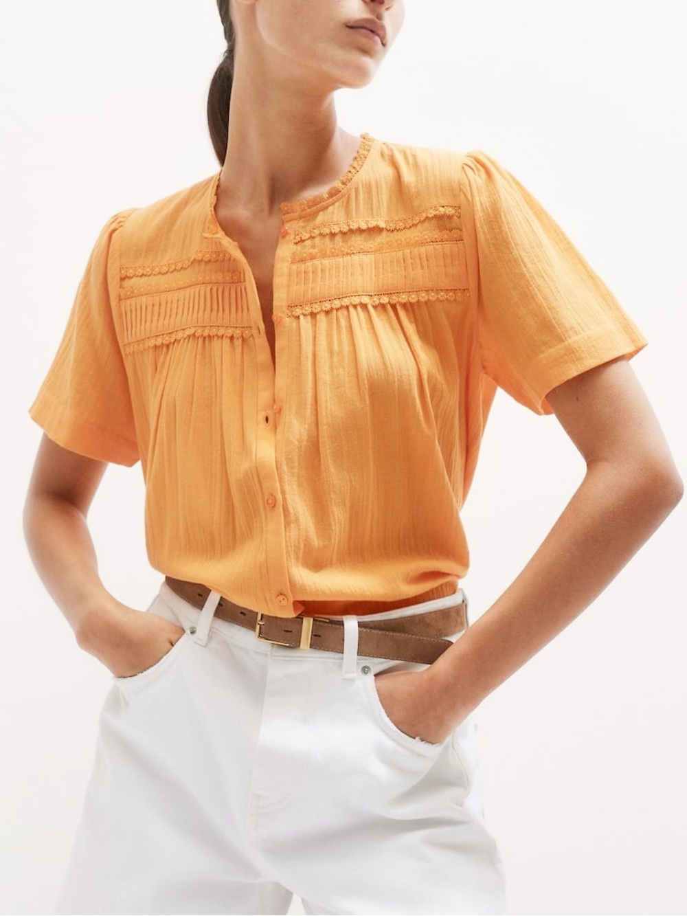 ME+EM Trim Detail Blouse US 14 Mango Orange Cotton Muslin Pintuck Boho Top NWT